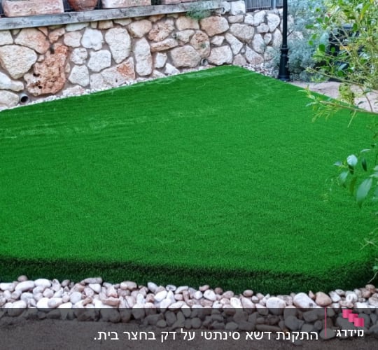 דשא סינתטי מוקף באבנים וצמחייה